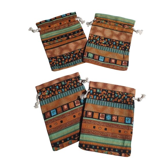 Southwestern Fabric Drawstring Pouches Set Of 4 Multicolor Geometric Pattern Han - Picture 1 of 4